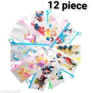 pack of 12 multipurpose waterproof printed zipper pouch , multi design zip pouches, trending pouches , pencil cases , all caracter cartoon pouches , geometry box makeup kit used for school kids girls boys and womens also etc.