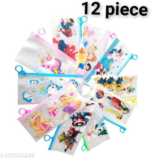 pack of 12 multipurpose waterproof printed zipper pouch , multi design zip pouches, trending pouches , pencil cases , all caracter cartoon pouches , geometry box makeup kit used for school kids girls boys and womens also etc.