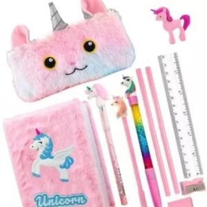 JUST NIDZ Unicorn fur diary small pocket a6 size notebook with pink feather pouch , water glitter pen , pencil , eraser * sharpener, school stationary supply for girls kids ( pack of 11 items )