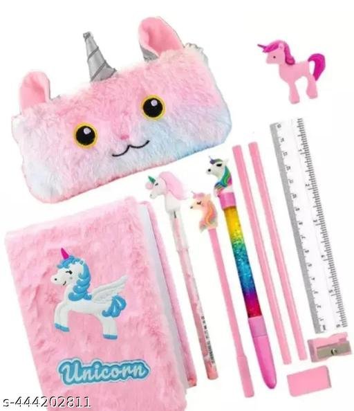 JUST NIDZ Unicorn fur diary small pocket a6 size notebook with pink feather pouch , water glitter pen , pencil , eraser * sharpener, school stationary supply for girls kids ( pack of 11 items )