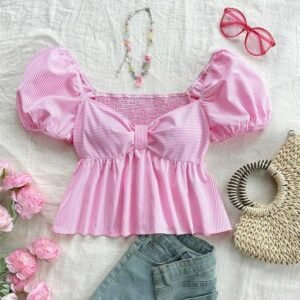 Cotton Stripe Puff Sleeve Shirt With Bow Tie, Peter Pan Crop Top Pink