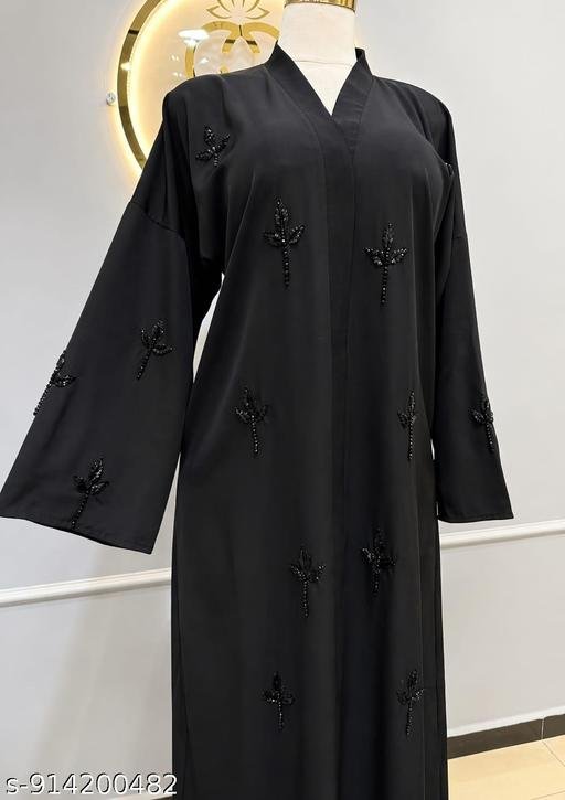 Luxury Black Nida Abaya with Hand Embellished Leaf Motif – Premium Dubai Style Front Open Abaya for Women | Elegant Modest Wear Designer Maxi Abaya Dress - Image 4