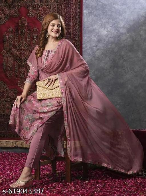 Vidusha Rayon Printed kurti Pant Dupatta Set For Women's