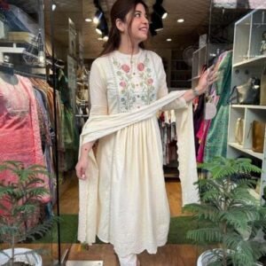 Cotton khadi Fabrice designer White kurti dupatta and pant set
