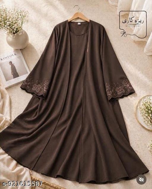 ELEGANCE TRENDY DUBAI FRONT OPEN CUTWORK ASTIN EMBROIDERY WITH ATTACHED INNER CUTWORK SLEEVE ABAYA BURQA HIJAB DUPATTA BURKHA ABAYA SET JILBAB SET FOR WOMENS & COLLEGE GIRLS - Image 4