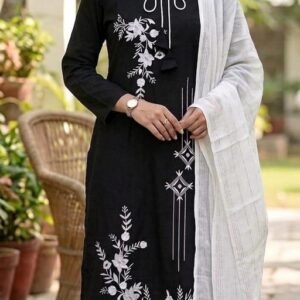 Elegant Black & White Embroidered Kurta Set for Women Graceful Black & White Ethnic Wear for Modern Women