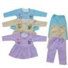 Baby girls Casual dress with pyjama Pack of 03 | purple with white polka dots, cartoon character print, A-line silhouette, ruffled hem, A-line, one-piece, A-line dress, button placket, ruffles, buttons, long sleeve, round, ruffled, above knee, Girls, casual, cotton, all-season
