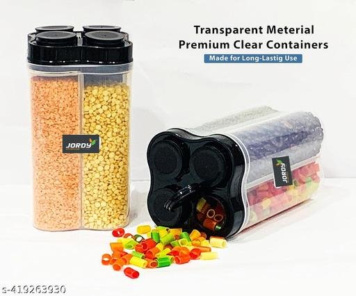 Airtight Kitchen Containers Set (Pack of 2), Cereal Container For Kitchen Storage Set, Plastic Fridge Food Storage Container, Kitchen Storage Jar with 4 Sections and Dispenser, (Black) - Image 4