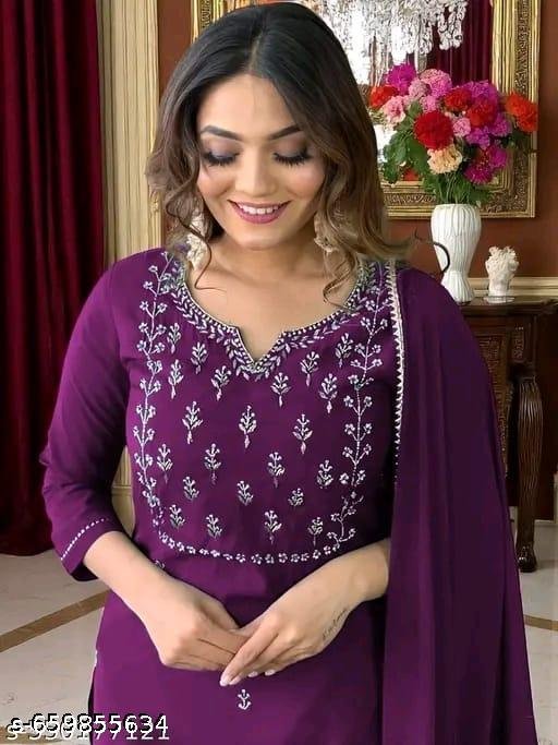 Women's Coton Embroidered Straight Kurta With Trouser & Dupatta - Image 4