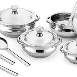 Stainless Steel Serving handi with lid | 4 Serving Spoon+ 4 Serving Bowl, Spoon Serving Set  (Pack of 4)