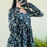DISHA CREATION New Trendy Rayon Black Nayra Cut Floral Printed A-Line Long Kurti Full Sleeve Dress for Women