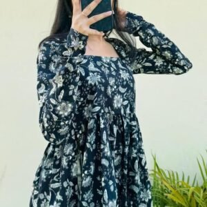 DISHA CREATION New Trendy Rayon Black Nayra Cut Floral Printed A-Line Long Kurti Full Sleeve Dress for Women