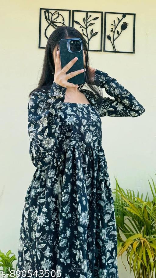 DISHA CREATION New Trendy Rayon Black Nayra Cut Floral Printed A-Line Long Kurti Full Sleeve Dress for Women