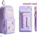 Kawaii Purple Stationery Combo Set for Girls | Kawaii Pencil Case Pouch with Zipper & Push Pull Eraser with Refills | Back to School Supplies Gift for Kids