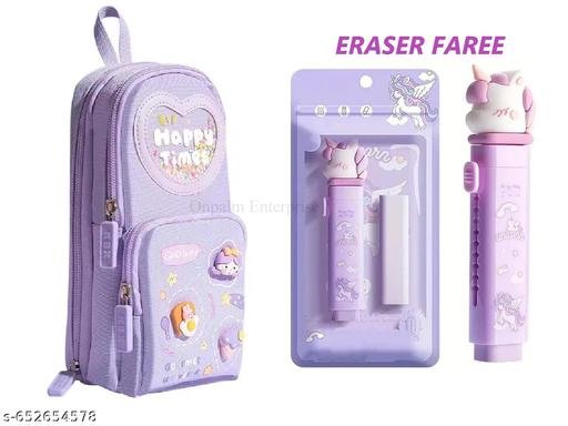 Kawaii Purple Stationery Combo Set for Girls | Kawaii Pencil Case Pouch with Zipper & Push Pull Eraser with Refills | Back to School Supplies Gift for Kids