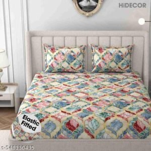 Super Soft Glace Cotton All Round Elastic Fitted Double Bed Bedsheet with 2 Pillow Covers-72x78x8 Inches-fiteed_Double (1 pillow cover with single bedsheet)