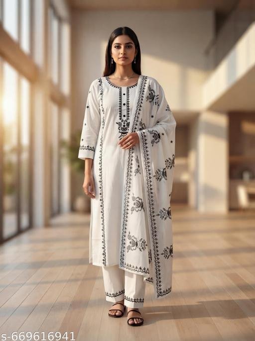 White Embroidered Kurta Set With printed Dupatta - Image 5