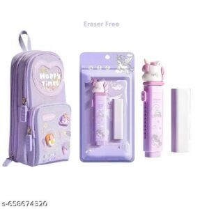 Kawaii Purple Stationery Combo Set for Girls | Kawaii Pencil Case Pouch with Zipper & Push Pull Eraser with Refills | Back to School Supplies Gift for Kids (Purple)