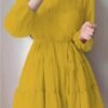 Georgette kids Solid Three Fourth Dori Belt Yellow Dress | mustard yellow solid, A-line silhouette, tiered skirt, cinched waist, A-line, one-piece, tiered dress, tiered skirt, drawstring waist, pull-on, long sleeve, round, drawstring, tiered, above knee, unlined, some stretch, Girls, casual, chiffon, summer