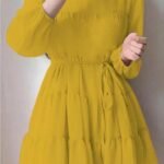 Georgette kids Solid Three Fourth Dori Belt Yellow Dress | mustard yellow solid, A-line silhouette, tiered skirt, cinched waist, A-line, one-piece, tiered dress, tiered skirt, drawstring waist, pull-on, long sleeve, round, drawstring, tiered, above knee, unlined, some stretch, Girls, casual, chiffon, summer