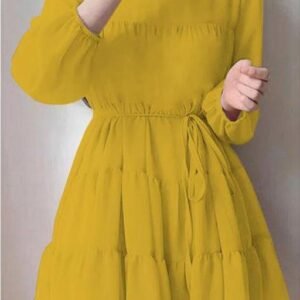 Georgette kids Solid Three Fourth Dori Belt Yellow Dress | mustard yellow solid, A-line silhouette, tiered skirt, cinched waist, A-line, one-piece, tiered dress, tiered skirt, drawstring waist, pull-on, long sleeve, round, drawstring, tiered, above knee, unlined, some stretch, Girls, casual, chiffon, summer