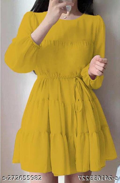 Georgette kids Solid Three Fourth Dori Belt Yellow Dress | mustard yellow solid, A-line silhouette, tiered skirt, cinched waist, A-line, one-piece, tiered dress, tiered skirt, drawstring waist, pull-on, long sleeve, round, drawstring, tiered, above knee, unlined, some stretch, Girls, casual, chiffon, summer