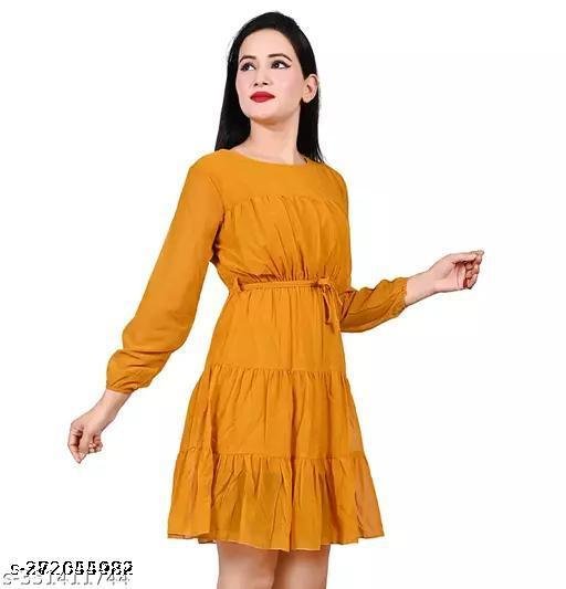 Georgette kids Solid Three Fourth Dori Belt Yellow Dress | mustard yellow solid, A-line silhouette, tiered skirt, cinched waist, A-line, one-piece, tiered dress, tiered skirt, drawstring waist, pull-on, long sleeve, round, drawstring, tiered, above knee, unlined, some stretch, Girls, casual, chiffon, summer - Image 5