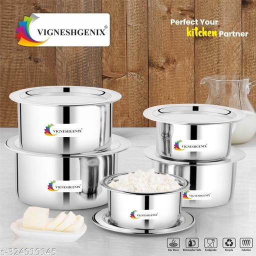 Stainless Steel Tope Patila tepeli Pot pan Utensils Combo cookware Set of 5 PiC Stove and Induction Friendly/Bhagona/Sandwich Bottom Tope/Flat Bottom/Silver/Cookware - Image 3