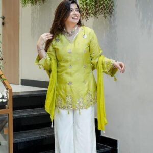 Ivory White Chanderi Embroidered Suit Set.