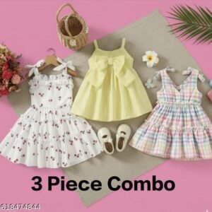 Cotton Blend Baby Girl Frock & Dresses | 3 Piece Combo Pack | Party Wear & Casual Wear Dresses for Kids Girls