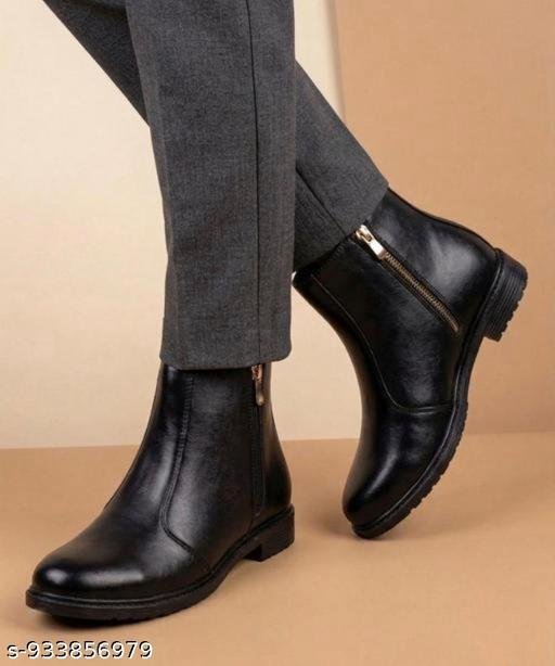 Men Stylish Black Synthetic Leather Chelsea Boots with Side Zipper Casual Formal Ankle Shoes