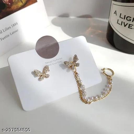 GORGEOUS PAIR OF BUTTERFLY STUDS WITH PEARL CHAIN EAR CUFF EARRINGS - Image 3