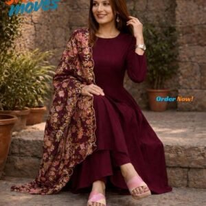 ethnic kurti set with dupatta, kurti pant dupatta set, round neck kurti set for women, full sleeve kurti pant set, designer kurti pant with dupatta, three piece kurti set women
