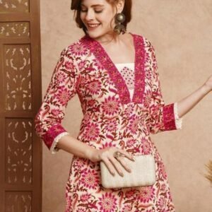 V Neck Floral Printed Single Kurta Only