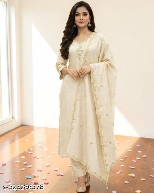 Trendy Kurta Pant Set for Women with Embroidery Work & Soft Printed Dupatta