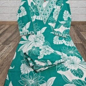 Trendy green & White Floral Kurti Plazo Set for Women | Designer V-Neck Kurta Set