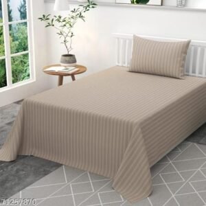 Kishori Fabs 220 Tc Cotton Feel Satin Stripes/Lining Plain Bedsheet for Single Bed Bedsheet with One Pillow Covers for Home- Hotels-Guest House 60x90 Inches (Beige)