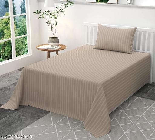 Kishori Fabs 220 Tc Cotton Feel Satin Stripes/Lining Plain Bedsheet for Single Bed Bedsheet with One Pillow Covers for Home- Hotels-Guest House 60x90 Inches (Beige)