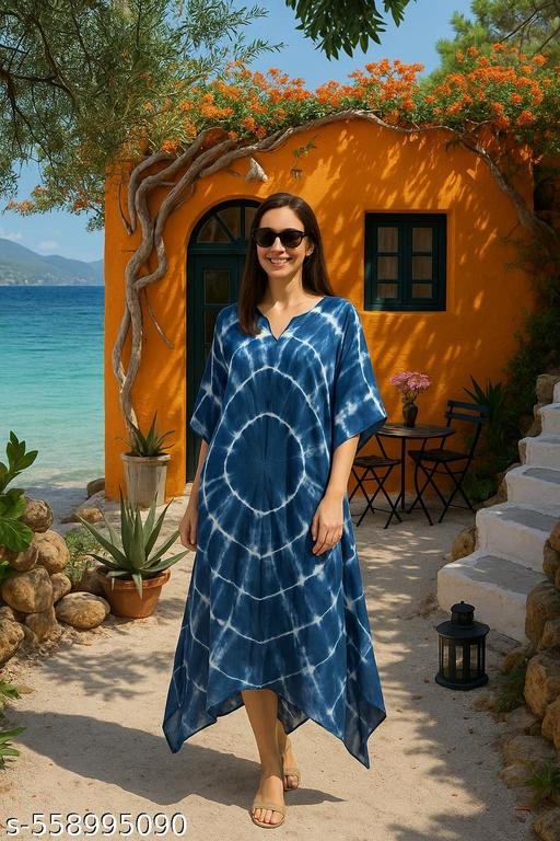 Women Tie & Dye Loose Fit Rayon Crepe Kaftan Kurta