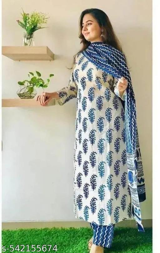 Printed Buti Kurti Pant Dupatta Set/Women’s Cotton Suit Set with Buti Print/Ethnic Cotton Kurta Set for Women