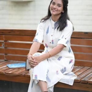 White South Indian Cotton Printed Kurta with Pant for Women