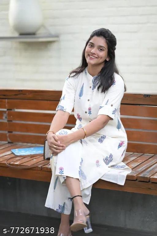 White South Indian Cotton Printed Kurta with Pant for Women