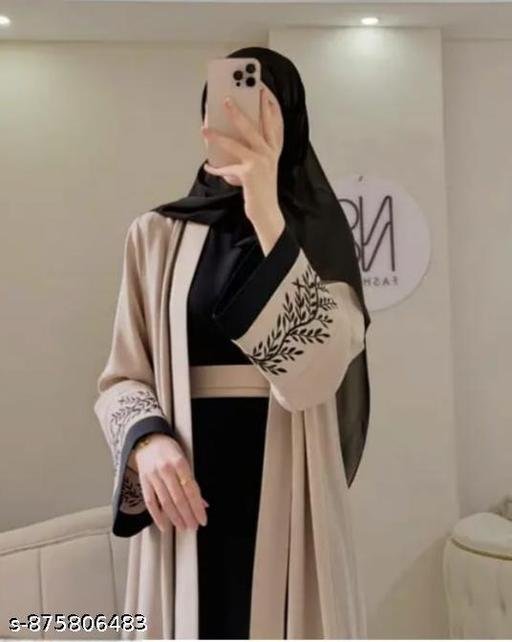 NEW ARRIVAL EMBROIDERY JACKET ABAYA BURQA FOR WOMENSEMBROIDERY SLEEVES DUBAI STYLE BEIGE AND BLACK JACKET ABAYA - Image 3
