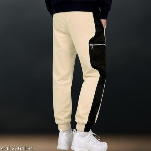 Men’s Cargo Joggers with Contrast Panel & White Piping Detail | Dual Thigh Zip Pocket Design | Stretch Track Pants Elastic Drawstring Waist & Cuffs | Beige Black Lowers - Image 3