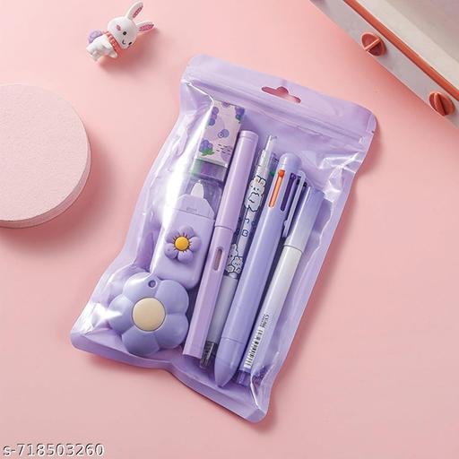 7 Pcs Cute Stationery Set Kawaii School Supplies Office Supplies Including Ballpoint Pens Pencil Sharpener Highlighter Correction Tape Ruler Utility Knife (purple) - Image 3