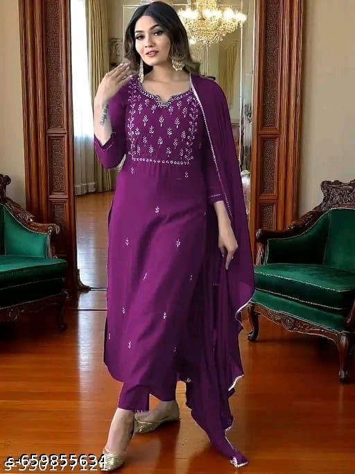 Women's Coton Embroidered Straight Kurta With Trouser & Dupatta - Image 5