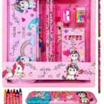 JUST NIDZ Unicorn Stationary Set Unicorn Pencil Box, Pencil Sharpner Eraser Scale Cryon Kit with Mermaid Cartoon 3DEraser Set for Kids Girls Boys Gift Unicorn Gift for Girls