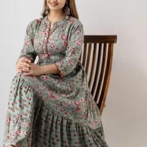 Floral maxi dress/ Anarkali style Ethnic wear Printed dress Tiered gown Long sleeve dress Festive outfit Traditional Indian fashion Bohemian style Flowy silhouette Pastel green dress Embroidered pattern Casual ethnic wear Indo-western outfit Elegant look