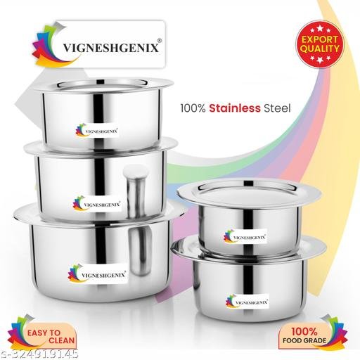 Stainless Steel Tope Patila tepeli Pot pan Utensils Combo cookware Set of 5 PiC Stove and Induction Friendly/Bhagona/Sandwich Bottom Tope/Flat Bottom/Silver/Cookware
