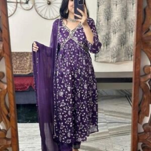 Womens Beautiful Rayon Aliya Cut Embroidered Kurti With Pant and Dupatta Set